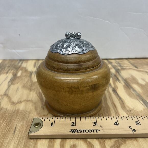 Handcrafted Mango Wood Thailand Round Wooden Box With Silver Metal Bells - Picture 8 of 9